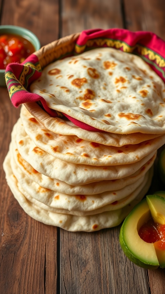 A stack of soft flour tortillas (gorditas de harina) in a basket with salsa and avocado on a wooden table.